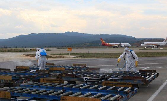 图：工作人员正在进行消毒　摄影：倪嘉云 　　 　　当日16时59分航班平稳落地后，昆明机场出入境检验检疫局工作人员迅速对飞机进行检疫和消毒处理，空港物流工作人员立即打开飞机货舱门开展货物装卸操作。在机场保障单位、检验检疫、海关、边检等联检单位通力配合下，完成了所有种猪的装卸。在保证机坪运营安全的前提下，高效的完成了保障任务。