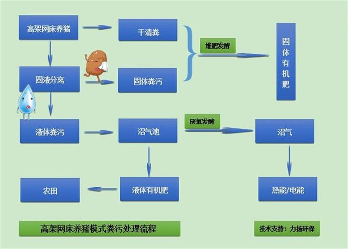 一层集粪区可设计自动刮粪装置，收集的粪便经过固液分离设备，将粪便处理到含水量50%-60%后，进行堆肥发酵变成固体有机肥。固液分离后的液体部分可进行厌氧发酵处理，产生的沼气，还可用于热能或电能，发酵后的沼液是优质的液体有机肥，而固液有机肥可以自用，或者销售，真正实现粪污资源化。科技是第一生产力！ 