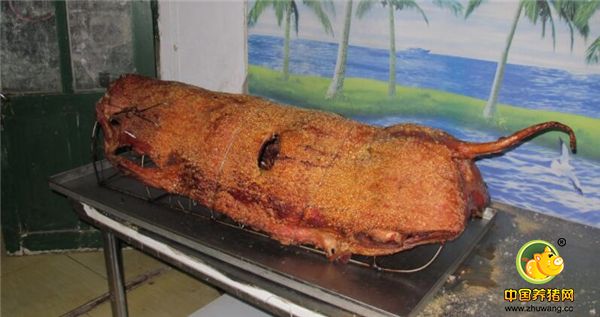 虽然连续遭遇3次挫折，但当过兵的庄广民就有一股不服输的劲头。多次摸索实验，他逐渐掌握了烤脆皮大猪的技术，而且也打开了销售渠道。还有不少外地网友找到门上，要求拜师学艺。图为烤制好的脆皮大猪。